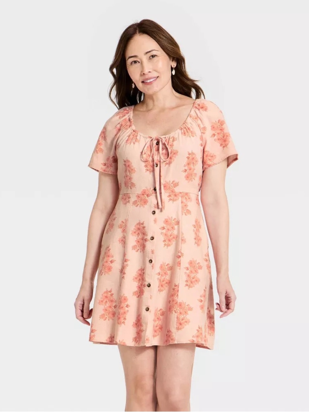 Size Small Pink Floral A-Line Short Dress Scoop Neck Linen Universal Thread